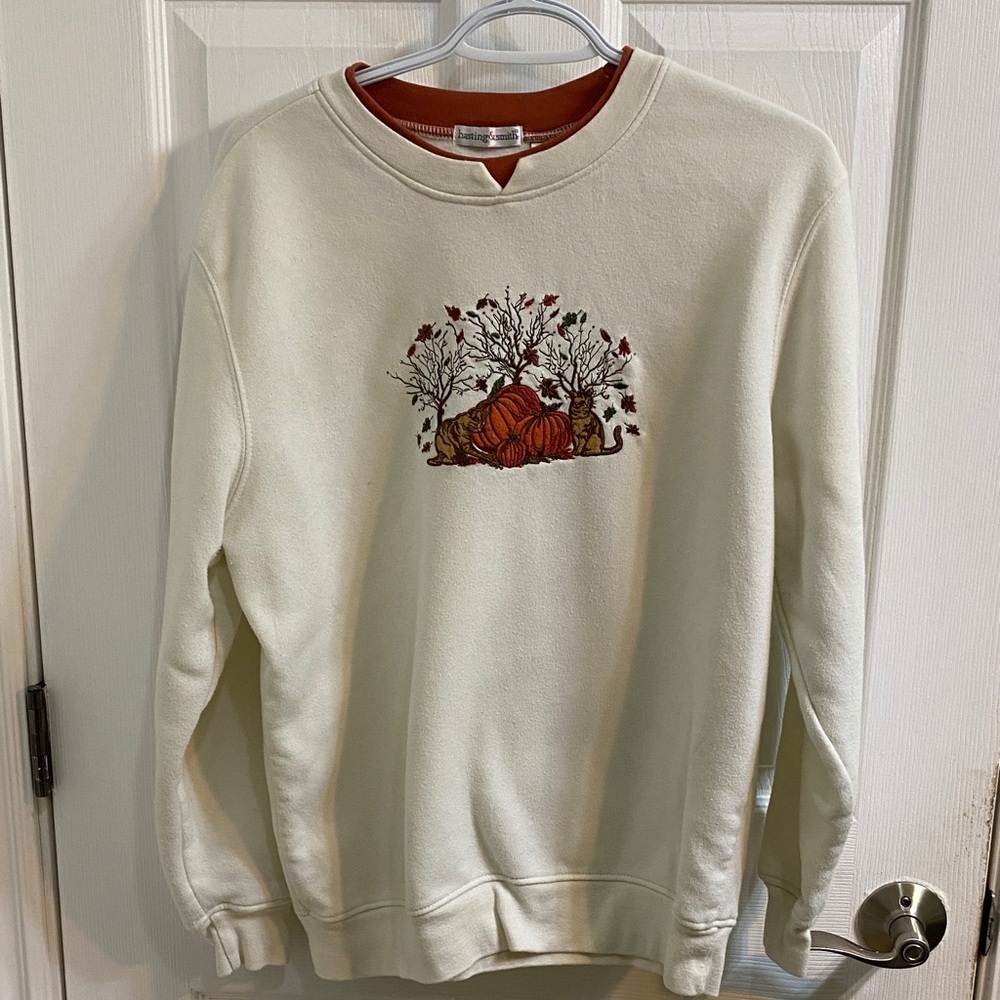 Vintage Fall Cats Pumpkins Hasting & Smith Cream Orange Sweatshirt Womens Large